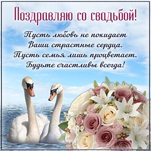 Милая картинка с лебедями и стихотворением на свадьбу